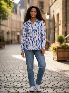 J. McLaughlin Long Sleeve Button-down Shirt in Fancy Lady Pattern | M | Colorful